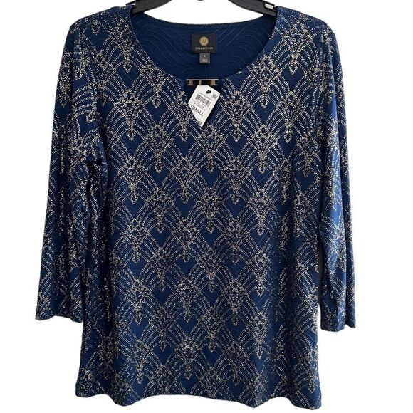 JM Collection Ladies' Intrepid Blue Jacquard Keyhole Sz S NWT🏷 gold accents - Picture 5 of 15